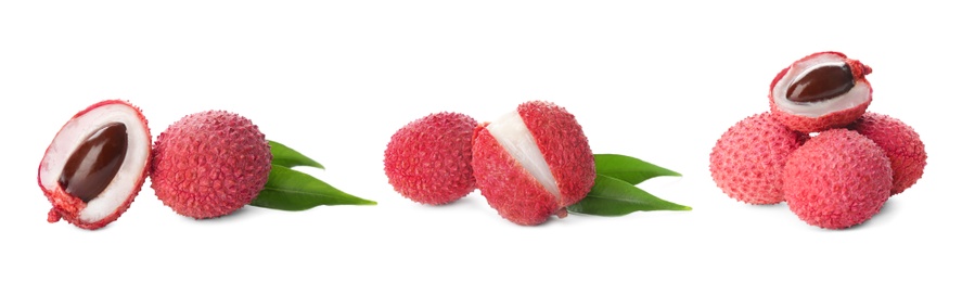 Set of delicious fresh lychees on white background. Banner design 