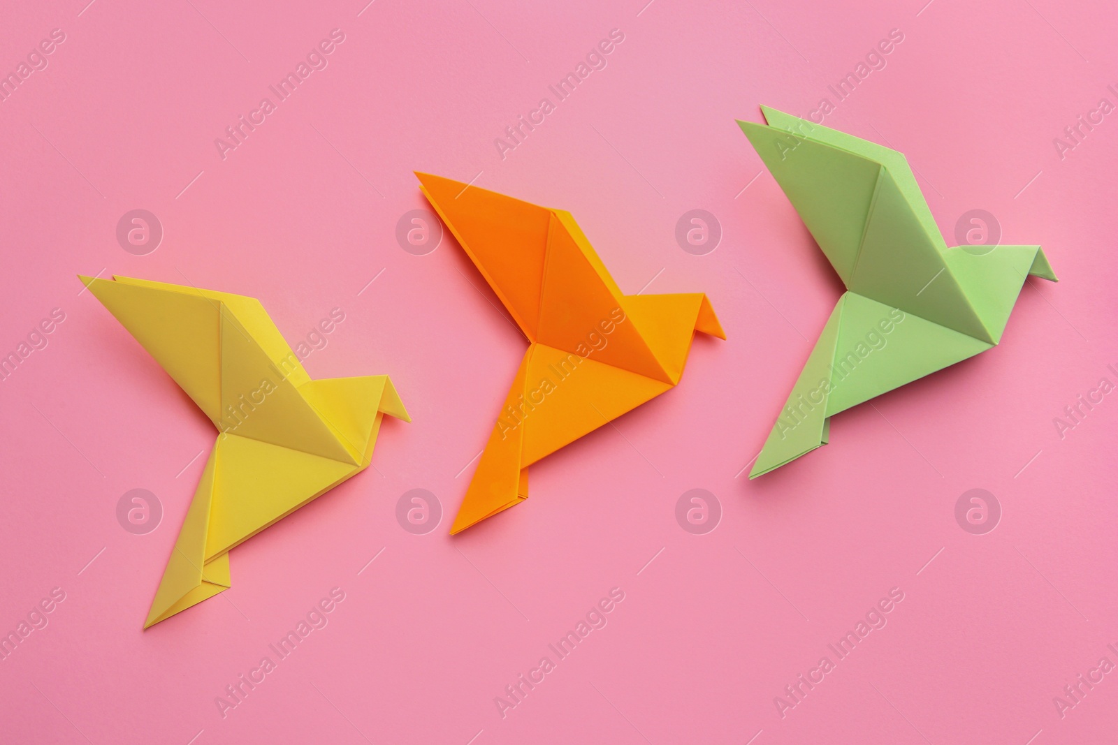 Photo of Beautiful colorful origami birds on pink background, flat lay