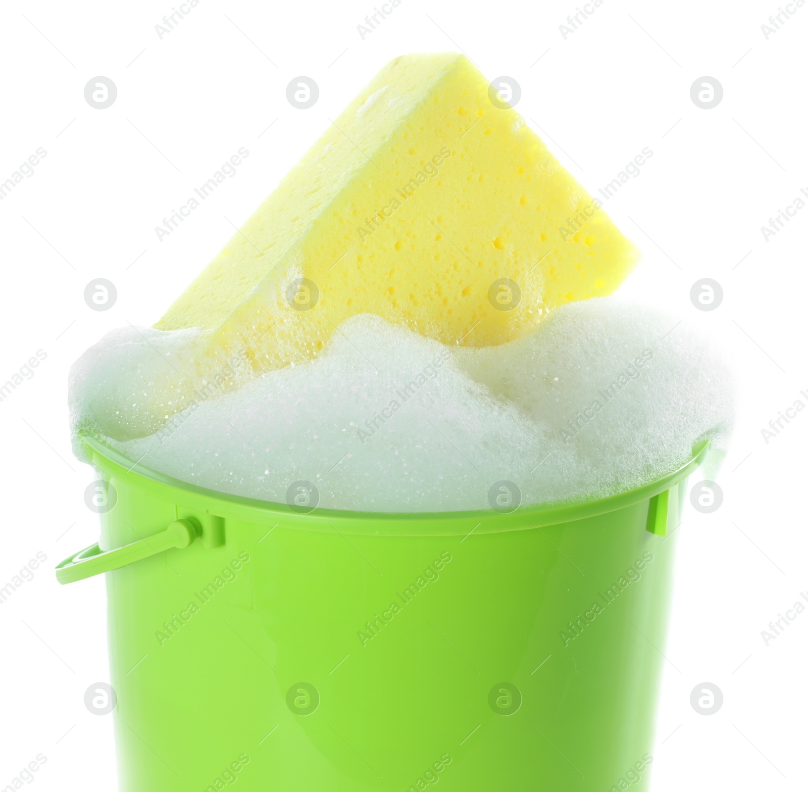 Photo of Plastic bucket with foam and sponge isolated on white. Cleaning supplies