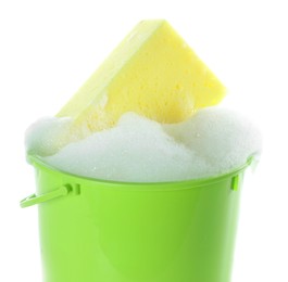 Photo of Plastic bucket with foam and sponge isolated on white. Cleaning supplies