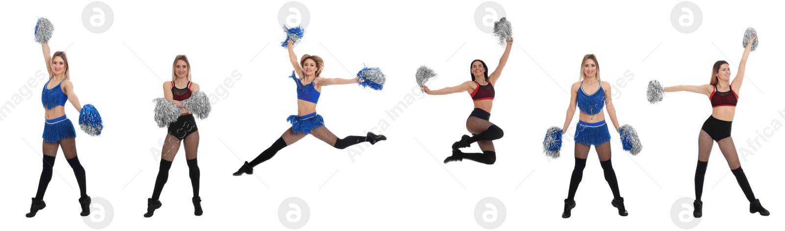 Image of Collage with photos of beautiful happy cheerleaders with pom poms in uniforms on white background