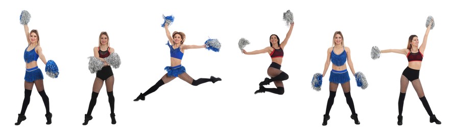 Image of Collage with photos of beautiful happy cheerleaders with pom poms in uniforms on white background