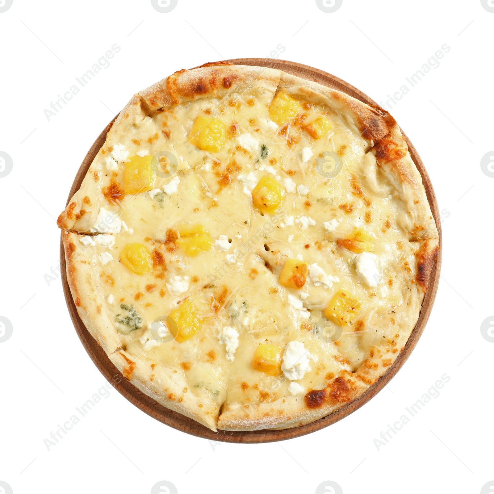 Photo of Hot cheese pizza Margherita on white background, top view