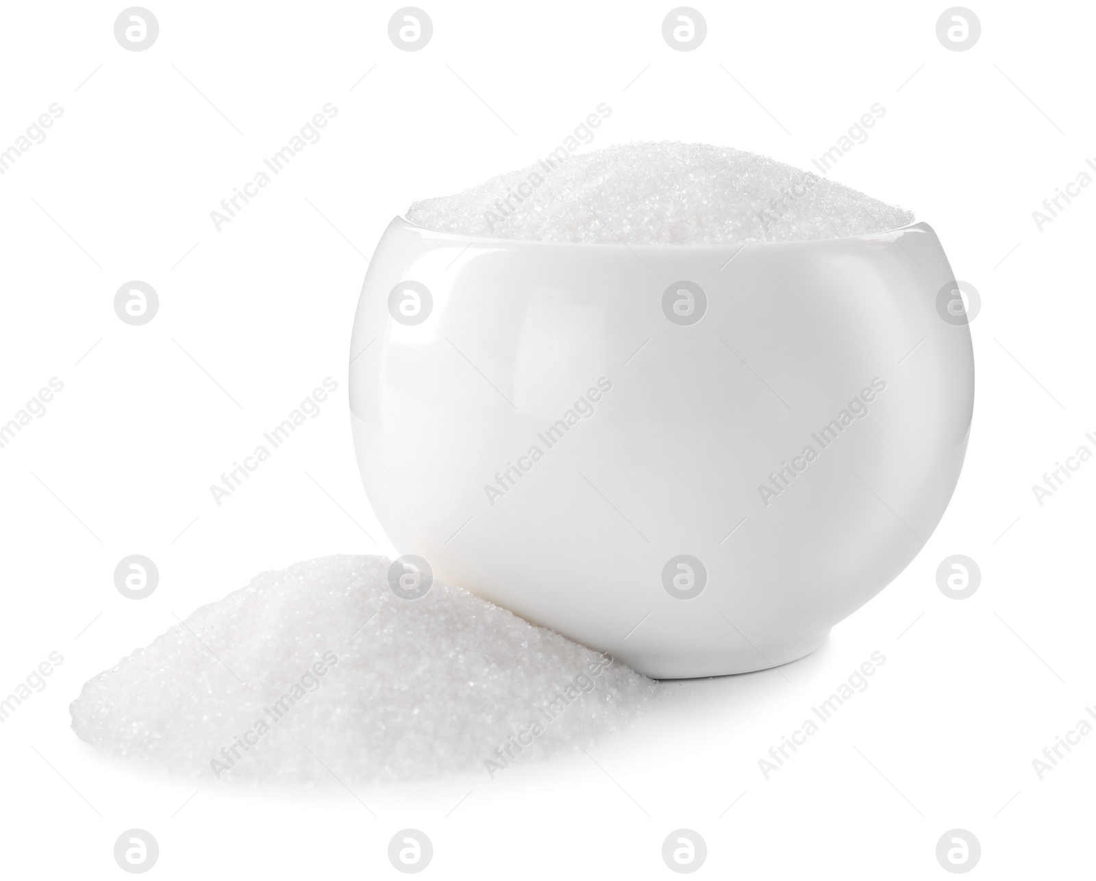 Photo of Granulated sugar in bowl isolated on white