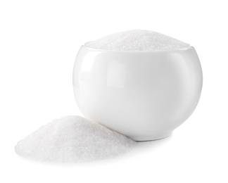 Photo of Granulated sugar in bowl isolated on white
