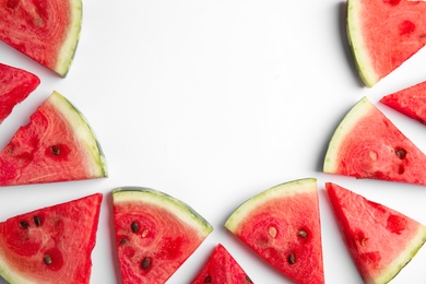 Photo of Slices of ripe watermelon on white background, flat lay. Space for text