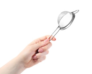 Woman with metal sieve on white background, closeup