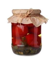 Photo of Jar with pickled tomatoes on white background