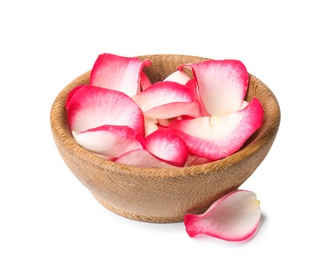 Bowl with rose petals on white background