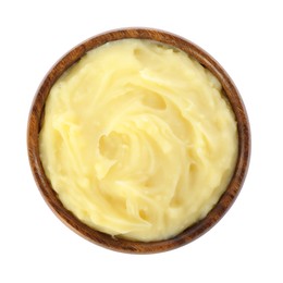 Wooden bowl of delicious mashed potato isolated on white, top view