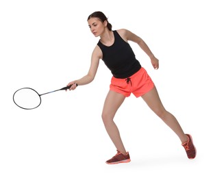 Photo of Young woman playing badminton with racket on white background