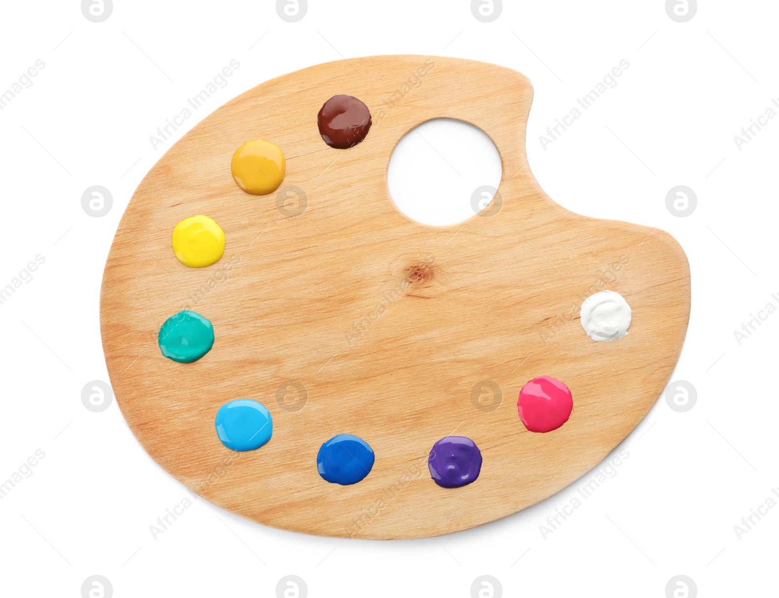 Photo of Palette with paints on white background, top view