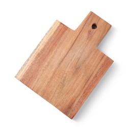 Photo of One wooden cutting board on white background, top view