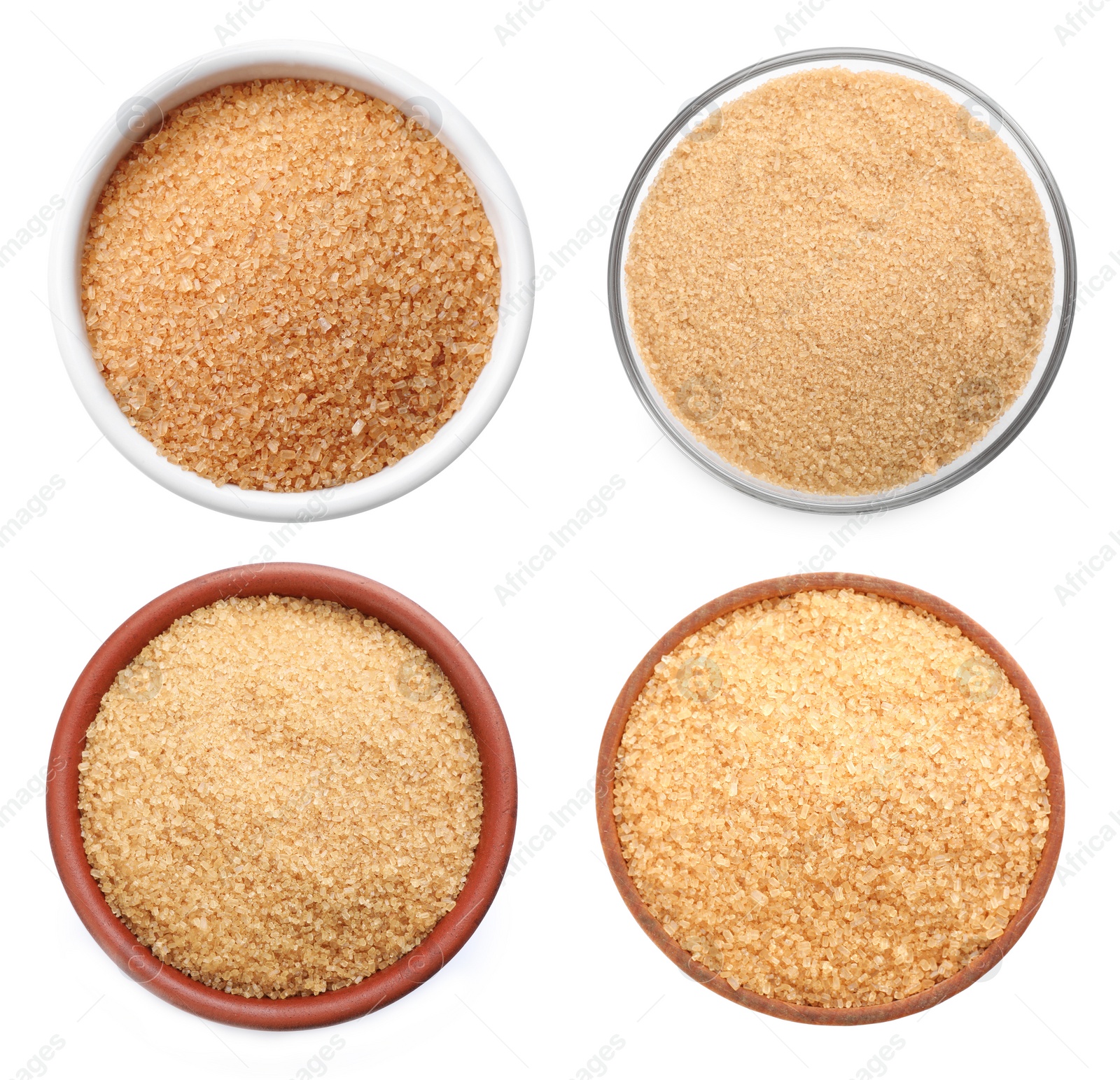 Image of Bowls of brown sugar on white background, top view