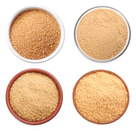 Bowls of brown sugar on white background, top view