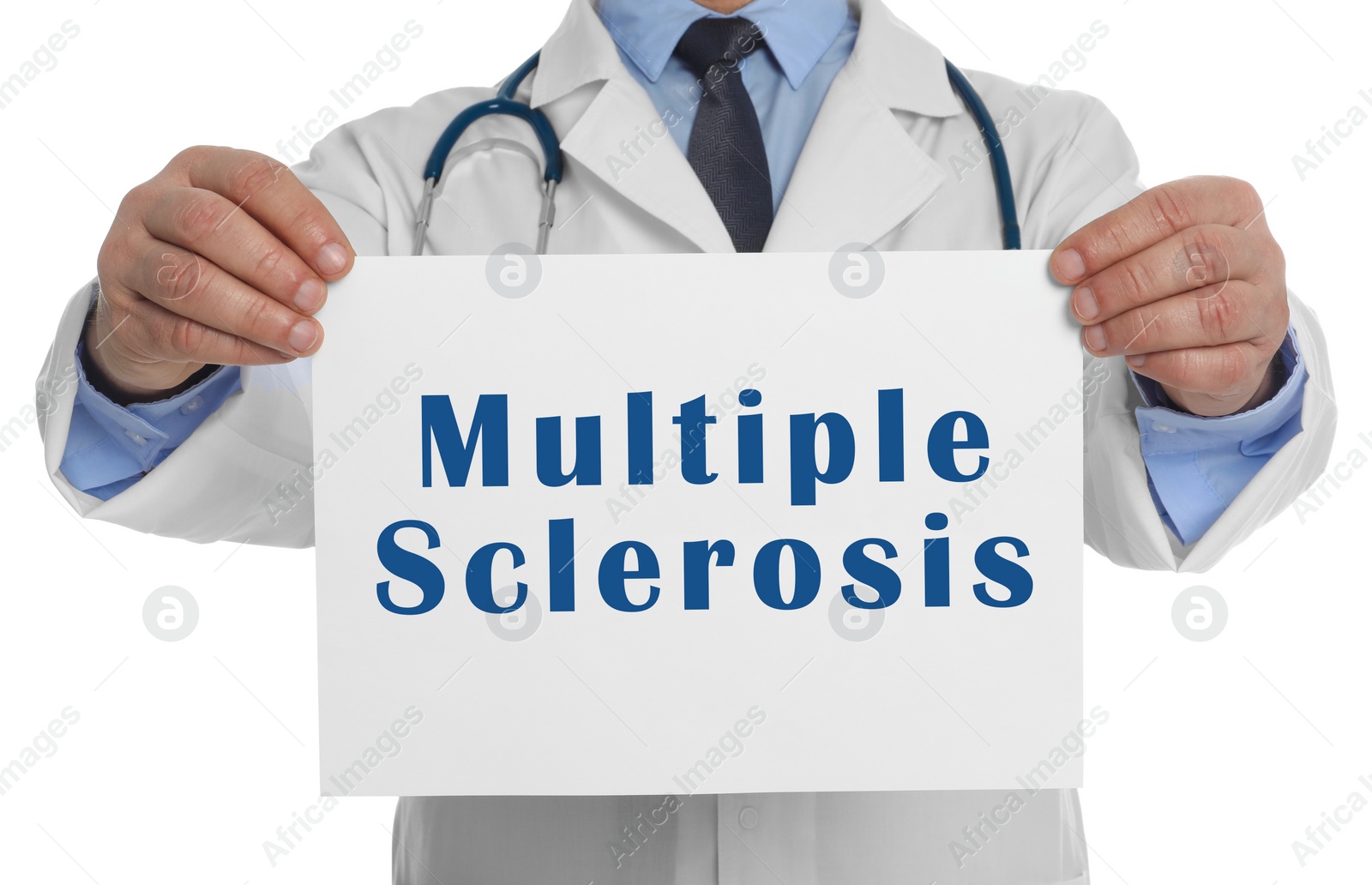 Image of Doctor holding paper with text Multiple Sclerosis on white background, closeup
