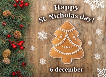 Happy St. Nicholas day, greeting card design. Fir branches and tasty cookie in shape of Christmas tree on wooden background, flat lay