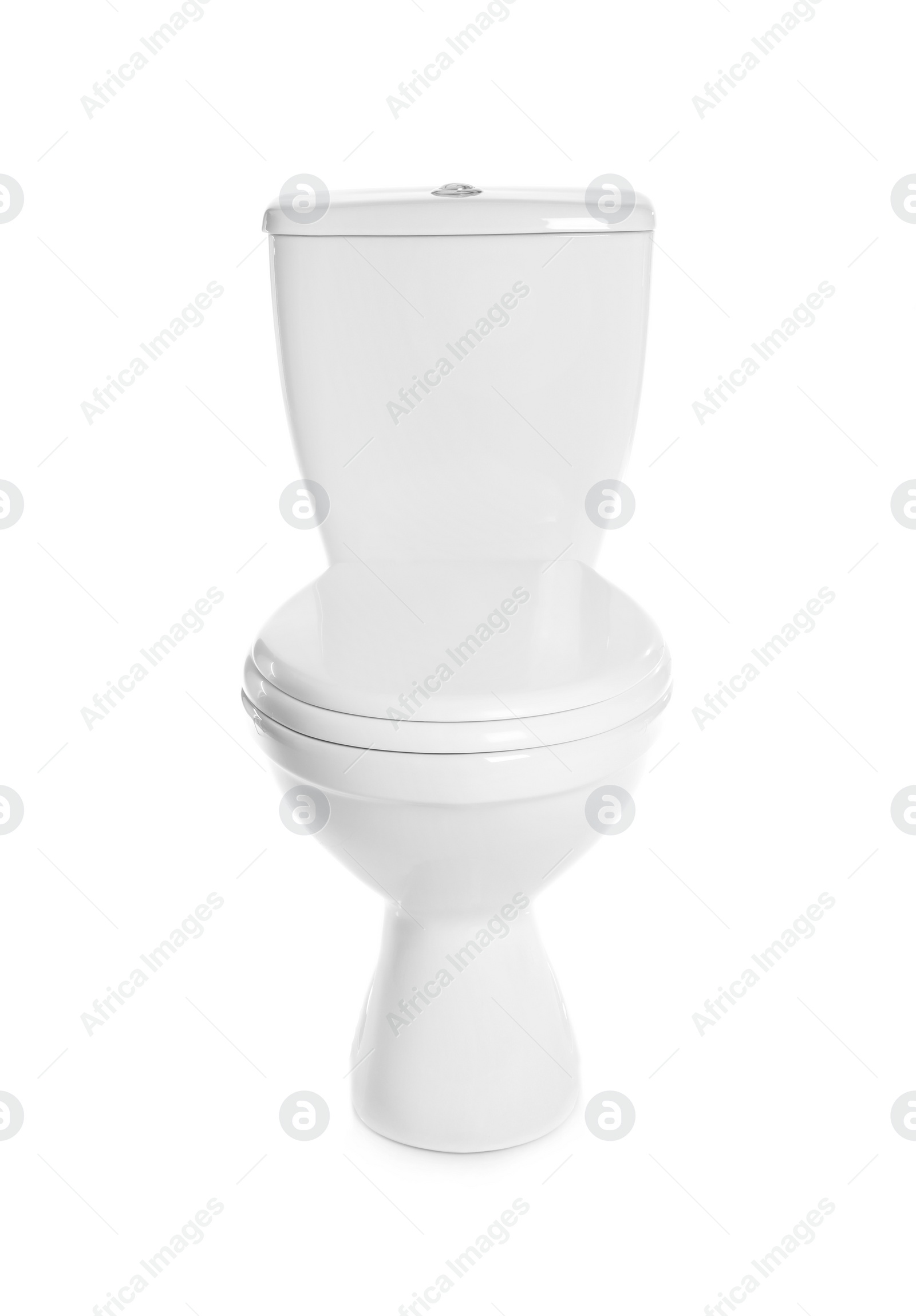 Photo of New ceramic toilet bowl on white background