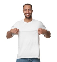 Photo of Man wearing stylish t-shirt on white background