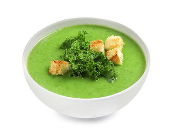 Photo of Tasty kale soup with croutons isolated on white