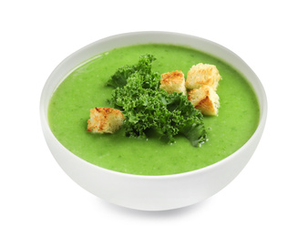 Tasty kale soup with croutons isolated on white