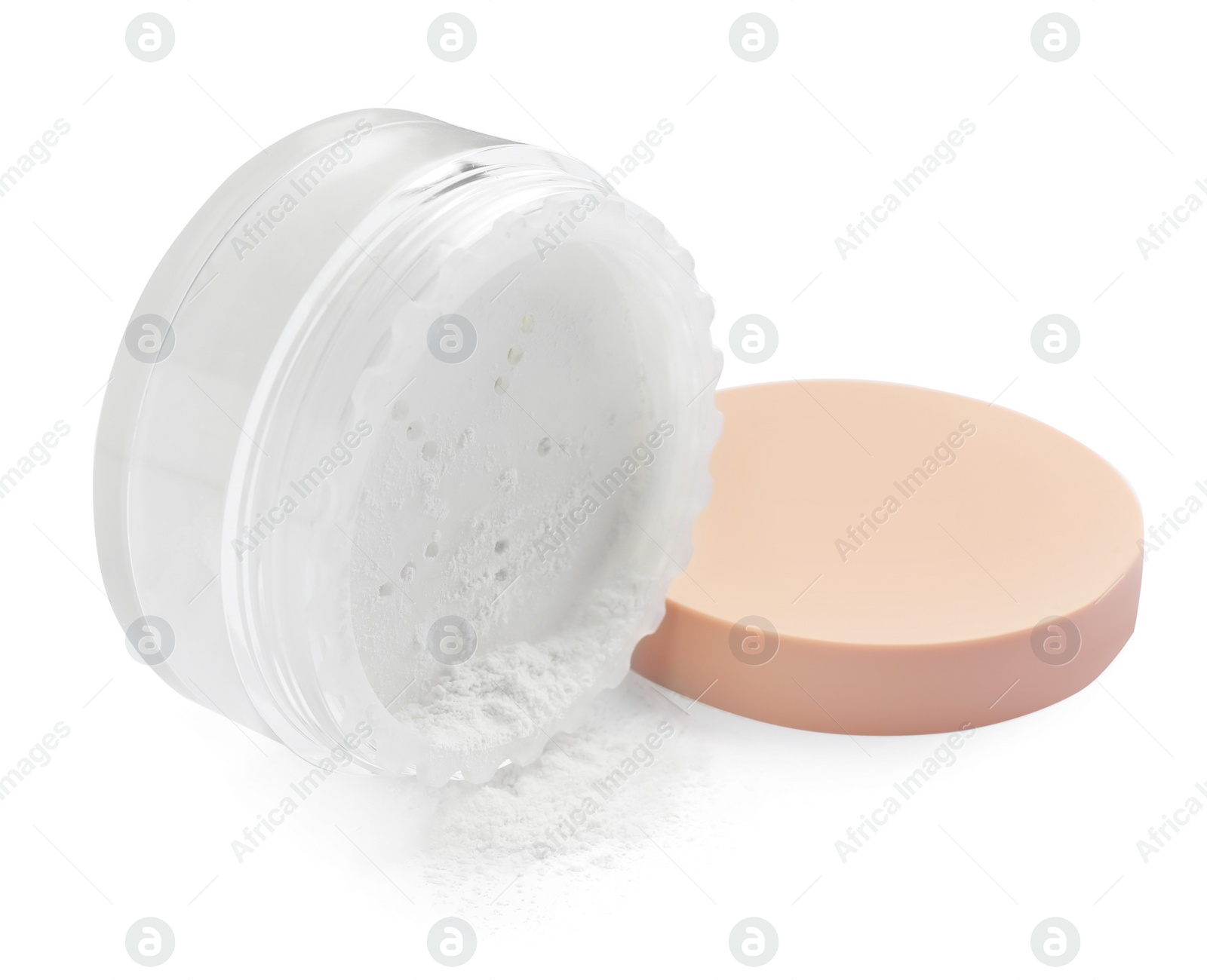 Photo of Rice face powder isolated on white. Natural cosmetic