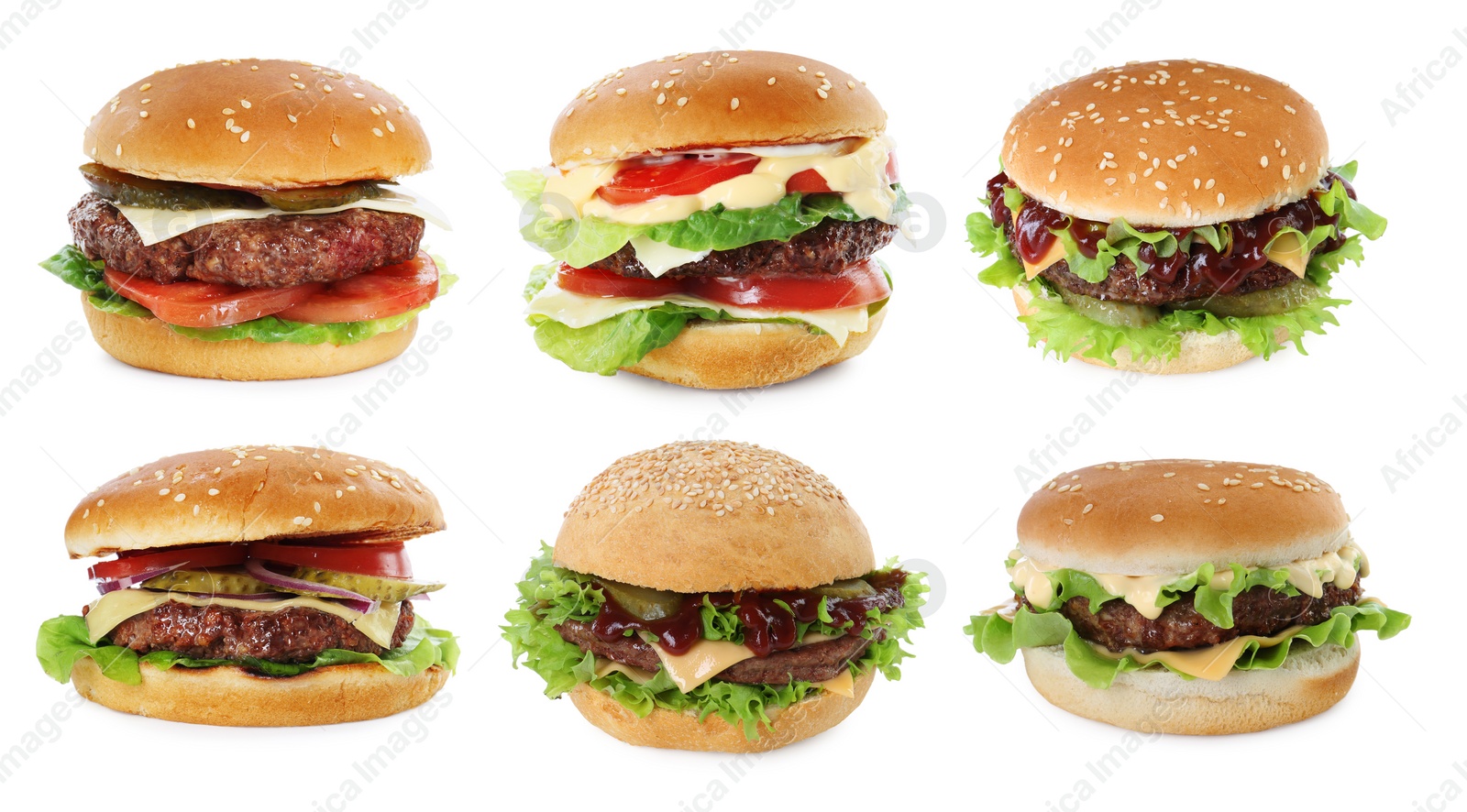 Image of Burgers with delicious patties isolated on white, set