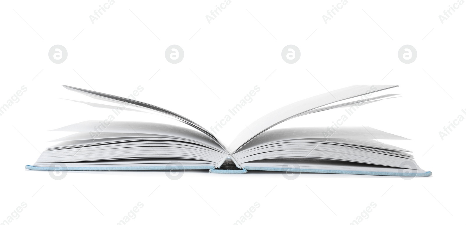 Photo of Open book with hard cover on white background