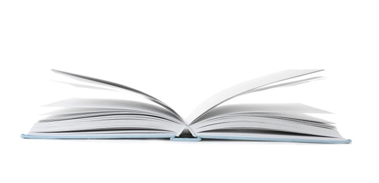 Photo of Open book with hard cover on white background