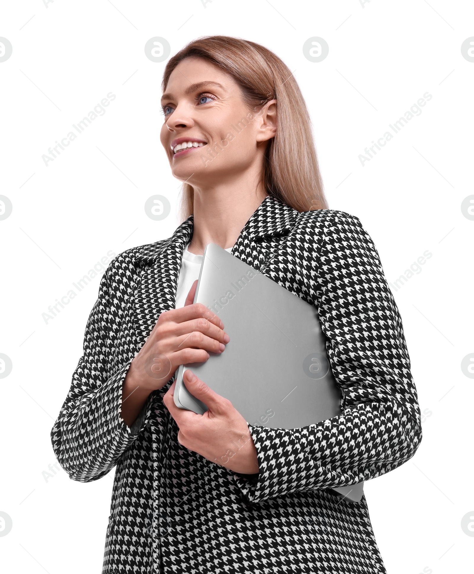 Photo of Beautiful happy businesswoman with laptop on white background