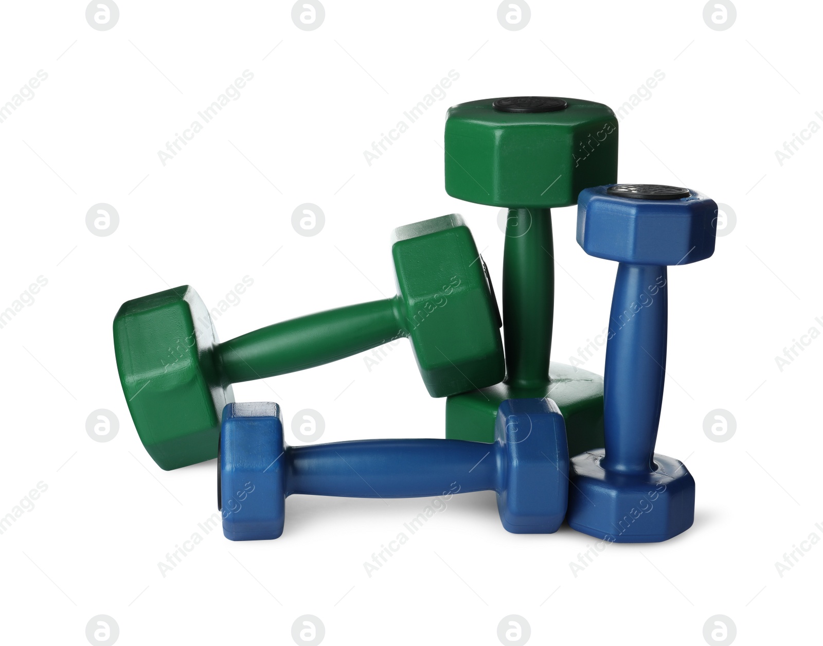 Photo of Colorful dumbbells on white background. Weight training equipment