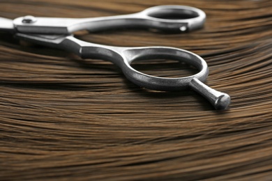 Scissors on brown hair, closeup with space for text. Hairdresser service