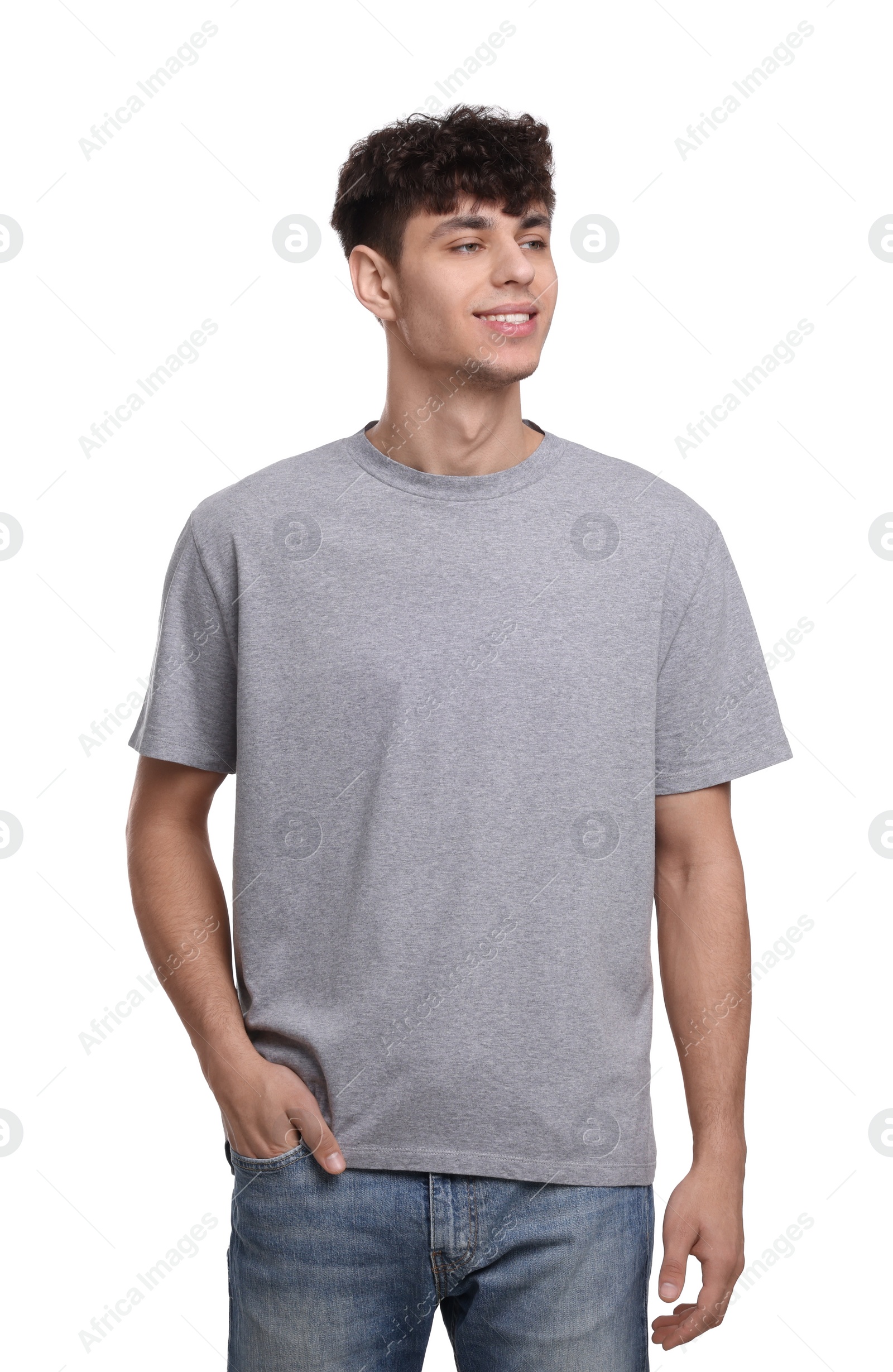 Photo of Young man wearing grey t-shirt on white background