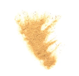 Photo of Brown dust scattered on white background, top view