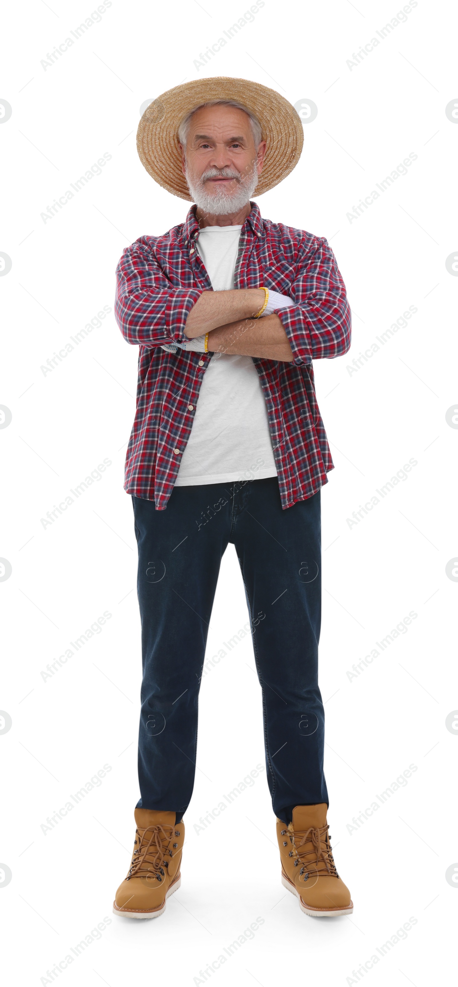 Photo of Harvesting season. Farmer with crossed arms on white background