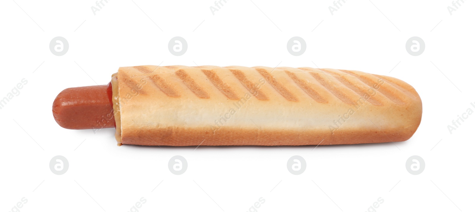 Photo of Tasty french hot dog with ketchup and mustard isolated on white