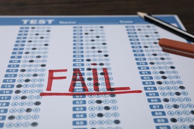 Photo of Answer sheet with Word Fail, eraser and pencil on table, closeup. Student passing exam
