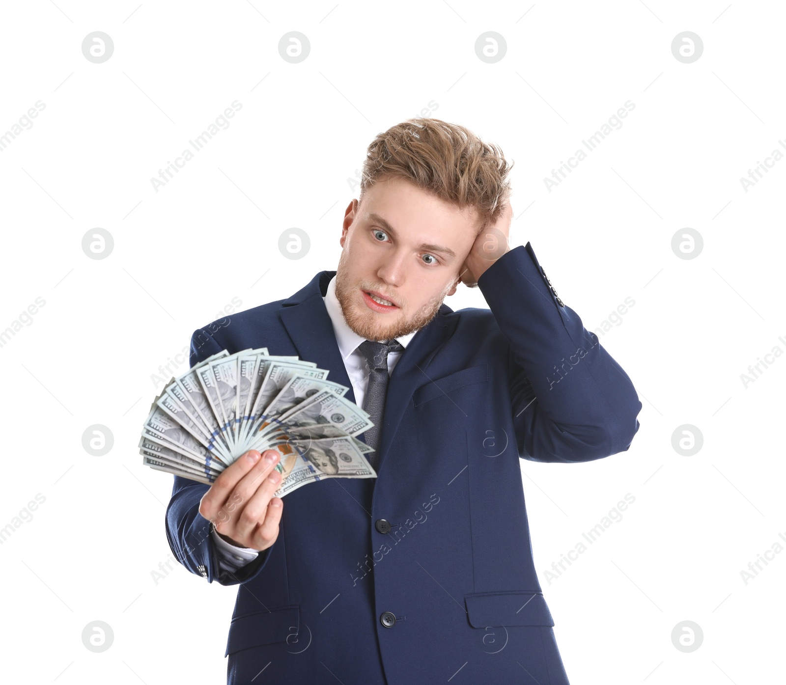 Photo of Young businessman with money on white background