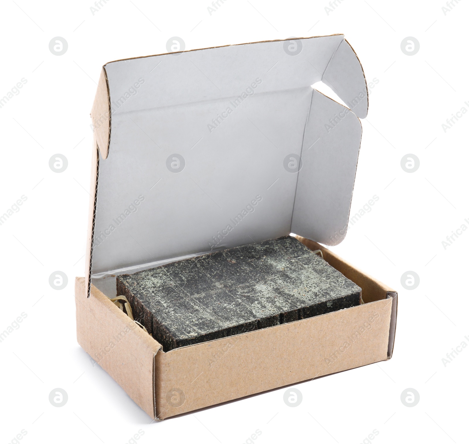 Photo of Hand made soap bar in cardboard package on white background