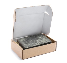 Photo of Hand made soap bar in cardboard package on white background