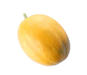 Photo of Whole tasty ripe melon on white background, top view