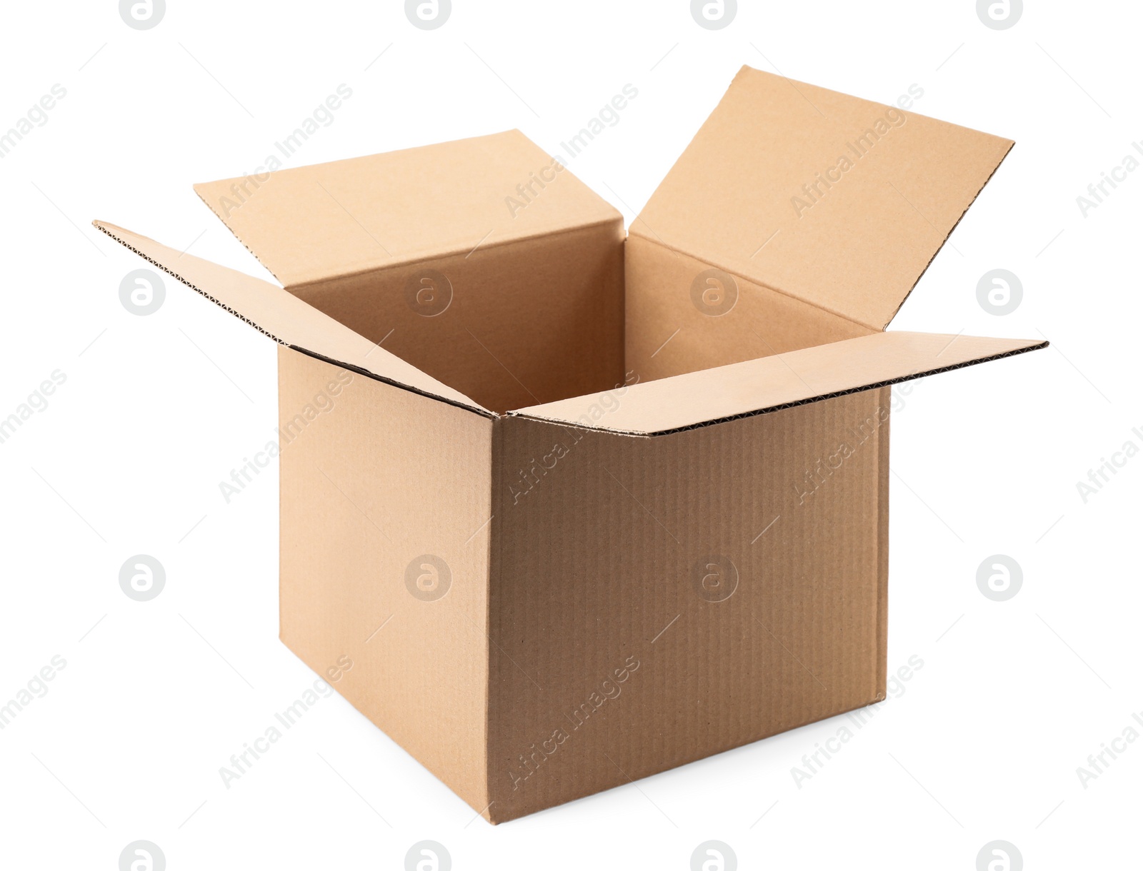 Photo of Open cardboard box on white background. Mockup for design