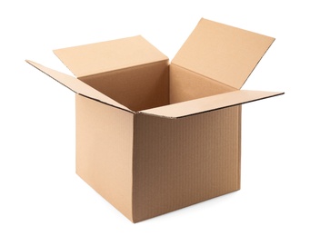 Photo of Open cardboard box on white background. Mockup for design