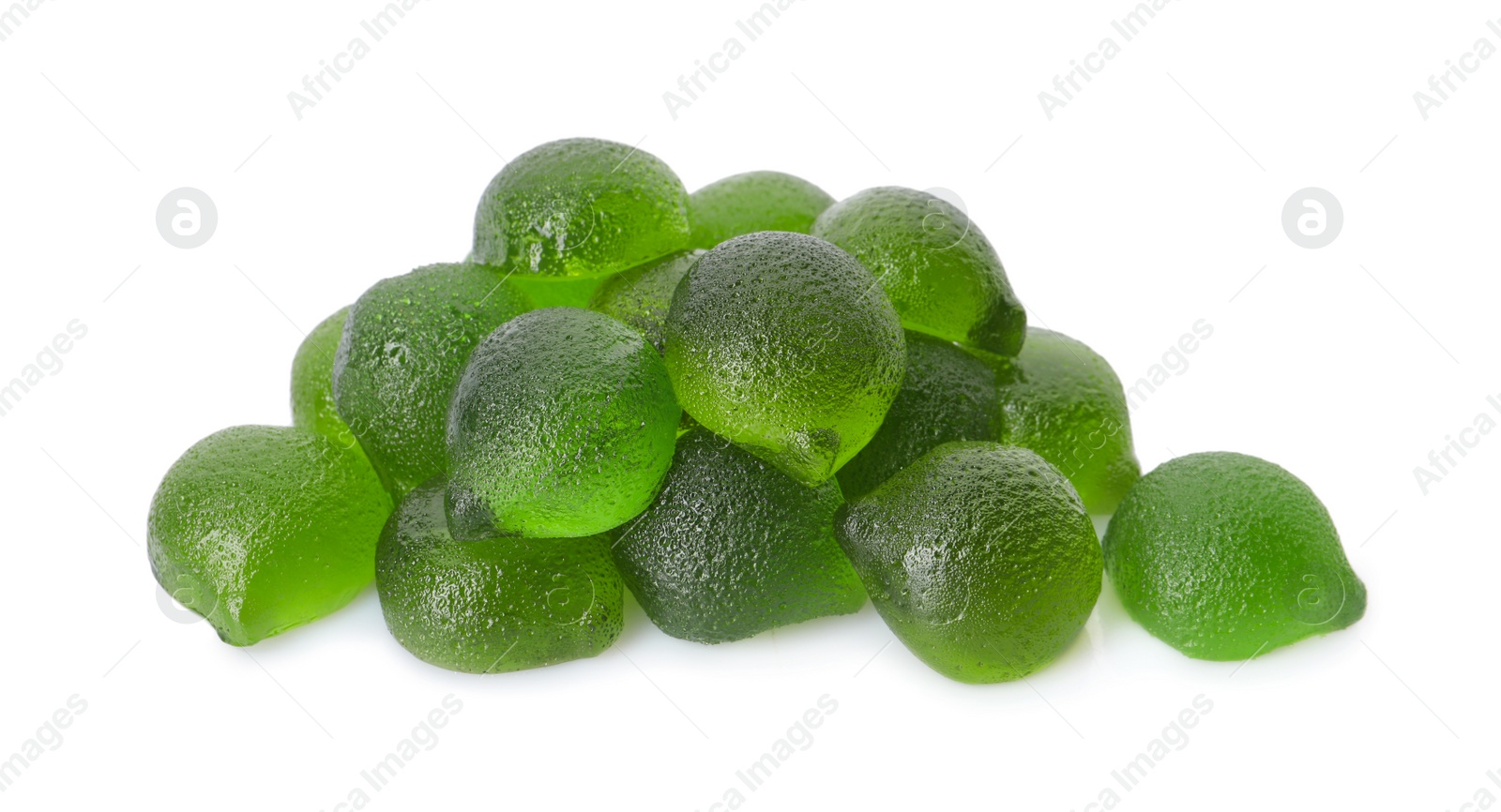 Photo of Pile of delicious gummy lime candies on white background