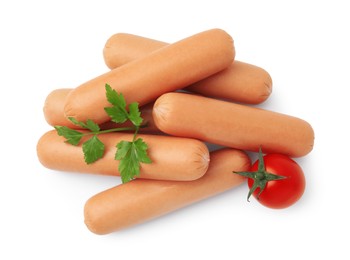 Photo of Delicious boiled sausages, tomato and parsley on white background, top view