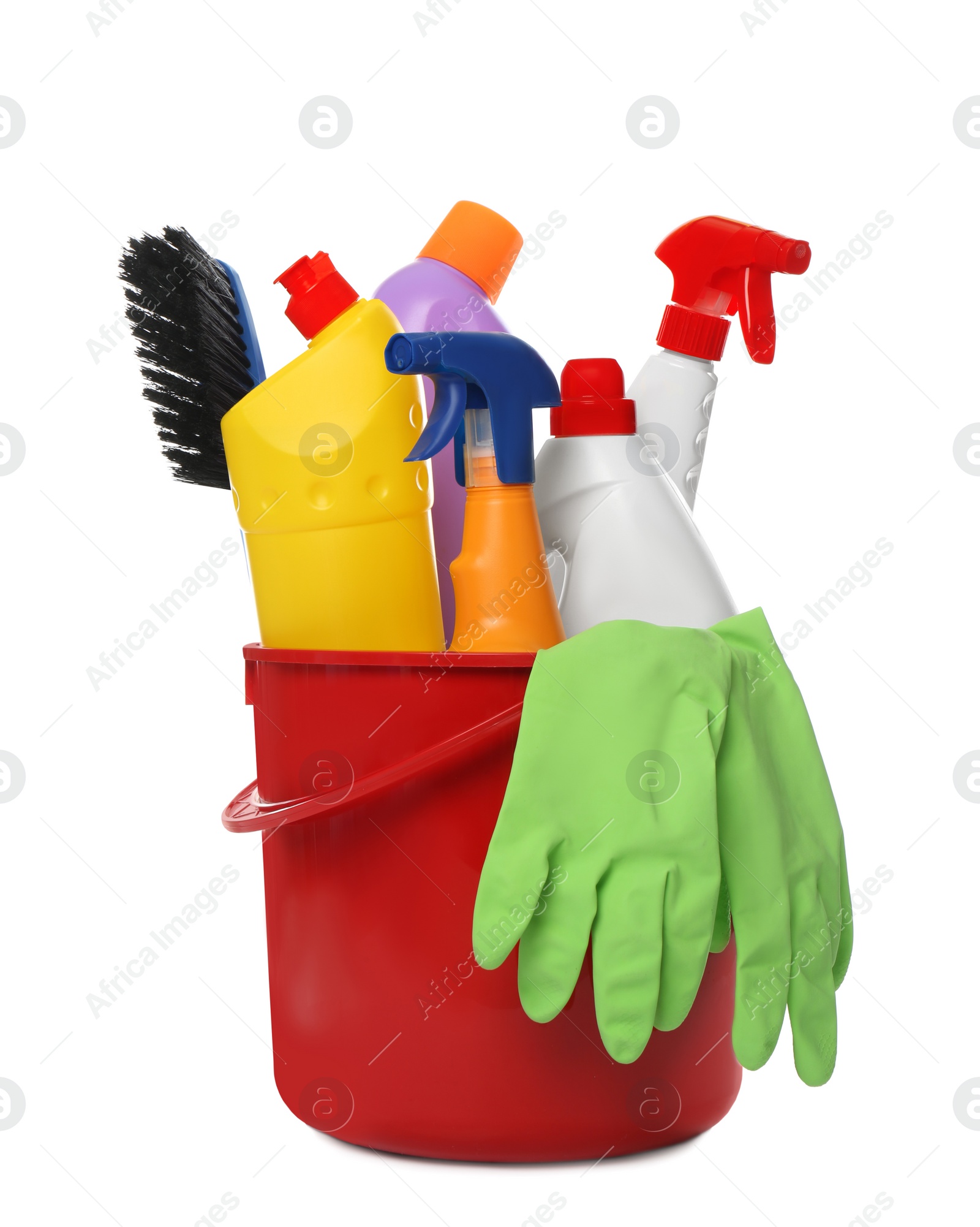 Photo of Bucket with different cleaning products and tools on white background