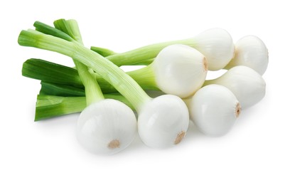 Whole green spring onions isolated on white