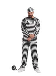Prisoner in special uniform with metal ball on white background