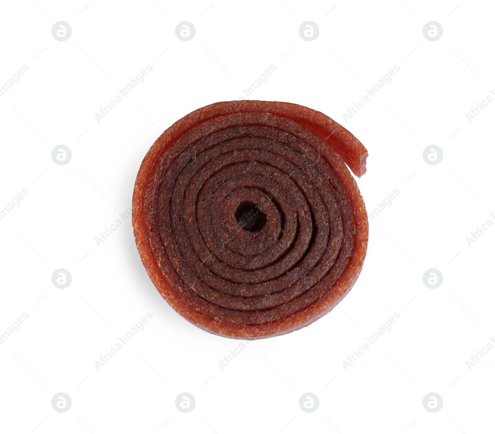 Photo of Delicious fruit leather roll isolated on white, top view
