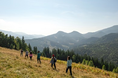 Image of Group of tourists walking on hill in mountains, back view
